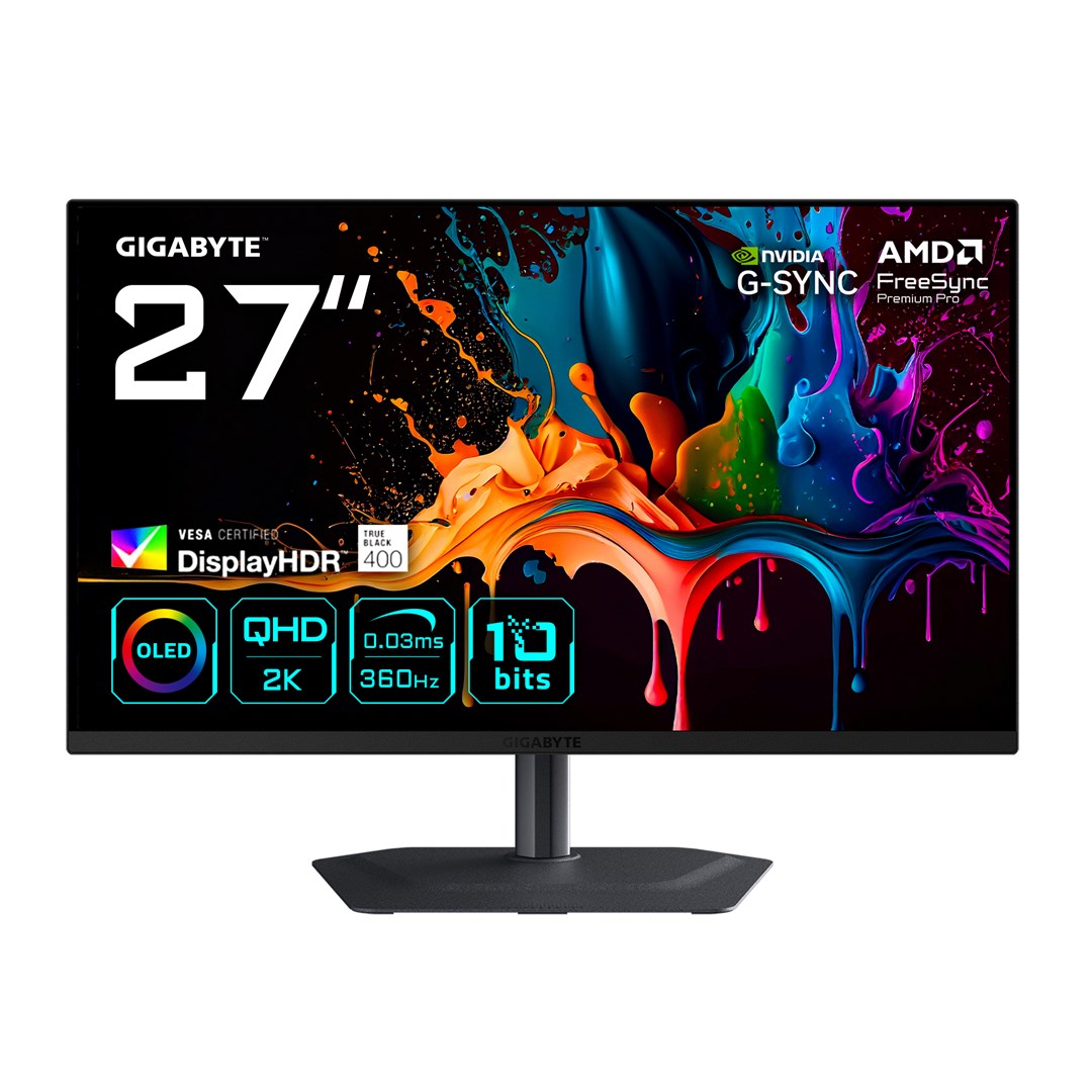 GIGABYTE MO27Q3 27” OLED QHD Gaming Monitor - 2560 x 1440, 360Hz, 0.03ms, 250 cd/m², G-Sync Compatible, FreeSync Premium Pro, Display HDR True Black 400, HDMI 2.1, Displayport 1.4 – Gigabyte