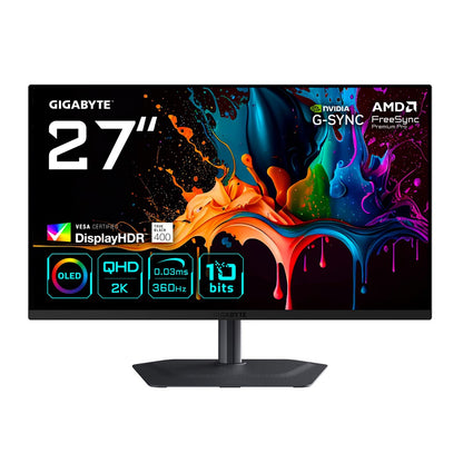 GIGABYTE MO27Q3 27” OLED QHD Gaming Monitor - 2560 x 1440, 360Hz, 0.03ms, 250 cd/m², G-Sync Compatible, FreeSync Premium Pro, Display HDR True Black 400, HDMI 2.1, Displayport 1.4 – Gigabyte