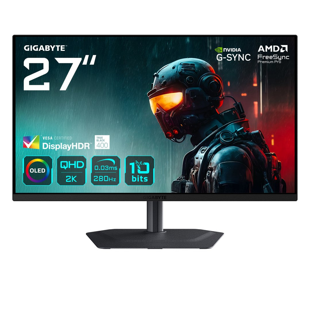GIGABYTE MO27Q2A 27” OLED 2K QHD Gamingskärm - 2560 x 1440, 280Hz, 0.03ms, 250 cd/m², FreeSync Premium Pro, DisplayHDR True Black 400, HDMI 2.1, Displayport 1.4 – Gigabyte