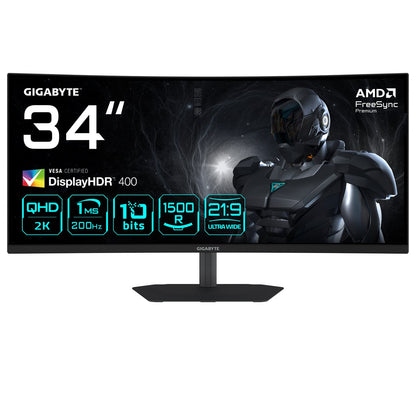 GIGABYTE G34WQC2 34” WQHD Curved Gaming Monitor - 3440 x 1440, 1500R, 200Hz, 1ms, 450 cd/m2, AMD FreeSync Premium, DisplayHDR 400, HDMI 2.0, Displayport 1.4 – Gigabyte