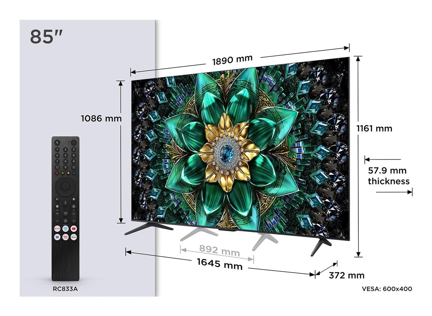 TCL Q6C 85Q6C TV 2.16 m (85") 4K Ultra HD Smart TV Wi-Fi Metallic