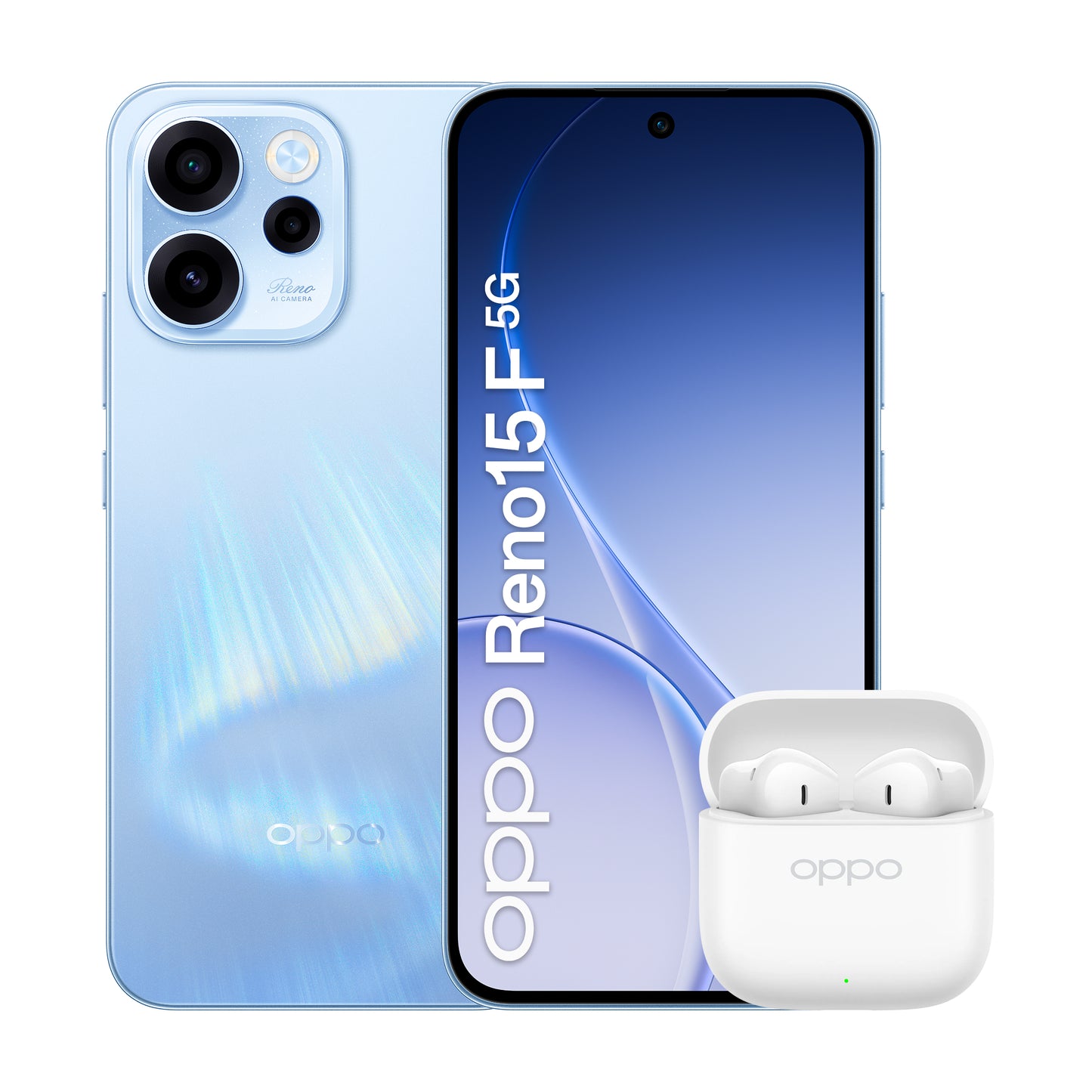 OPPO Reno15 F 5G Aurora Blue Box 16,7 cm (6.57") Dubbla SIM-kort Android 16.0 USB Type-C 8 GB 256 GB 6500 mAh Blå