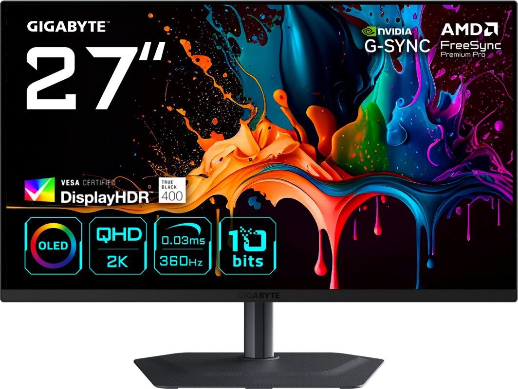 GIGABYTE MO27Q3 27” OLED QHD Gaming Monitor - 2560 x 1440, 360Hz, 0.03ms, 250 cd/m², G-Sync Compatible, FreeSync Premium Pro, Display HDR True Black 400, HDMI 2.1, Displayport 1.4 – Gigabyte