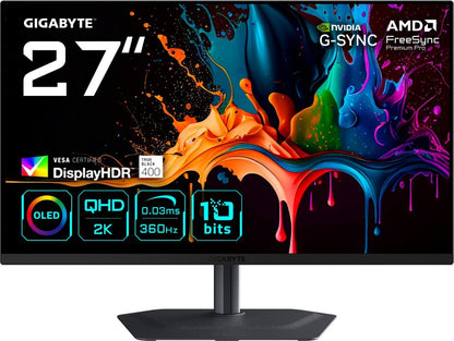 GIGABYTE MO27Q3 27” OLED QHD Gaming Monitor - 2560 x 1440, 360Hz, 0.03ms, 250 cd/m², G-Sync Compatible, FreeSync Premium Pro, Display HDR True Black 400, HDMI 2.1, Displayport 1.4 – Gigabyte
